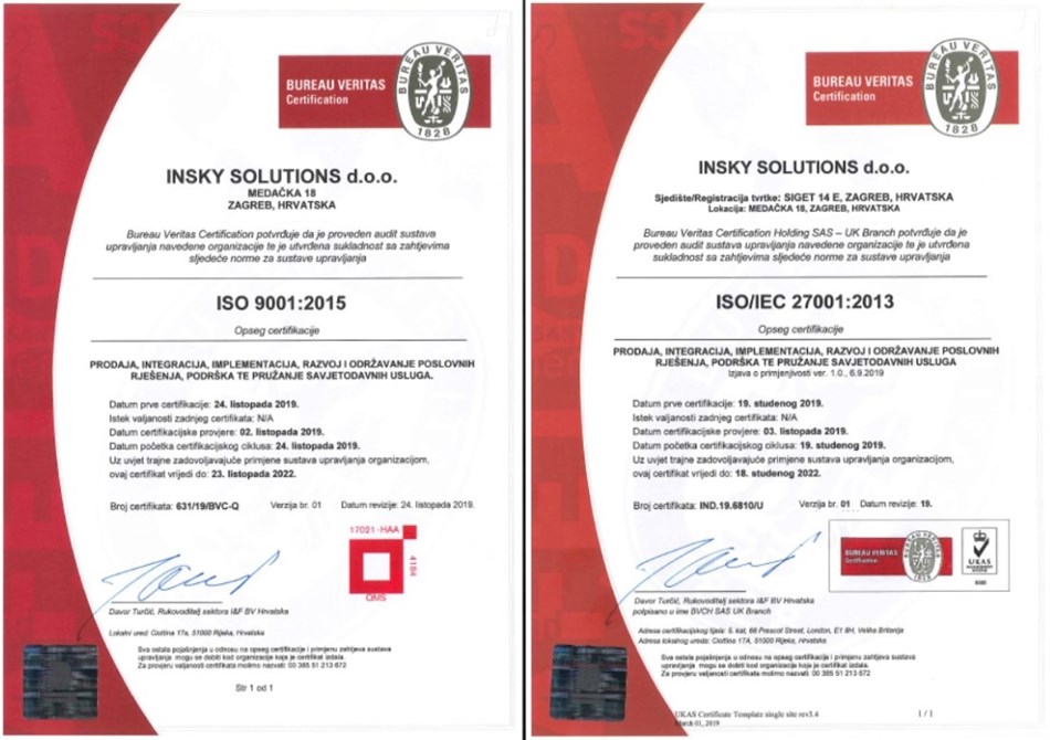 InSky became the holder of two ISO certificates